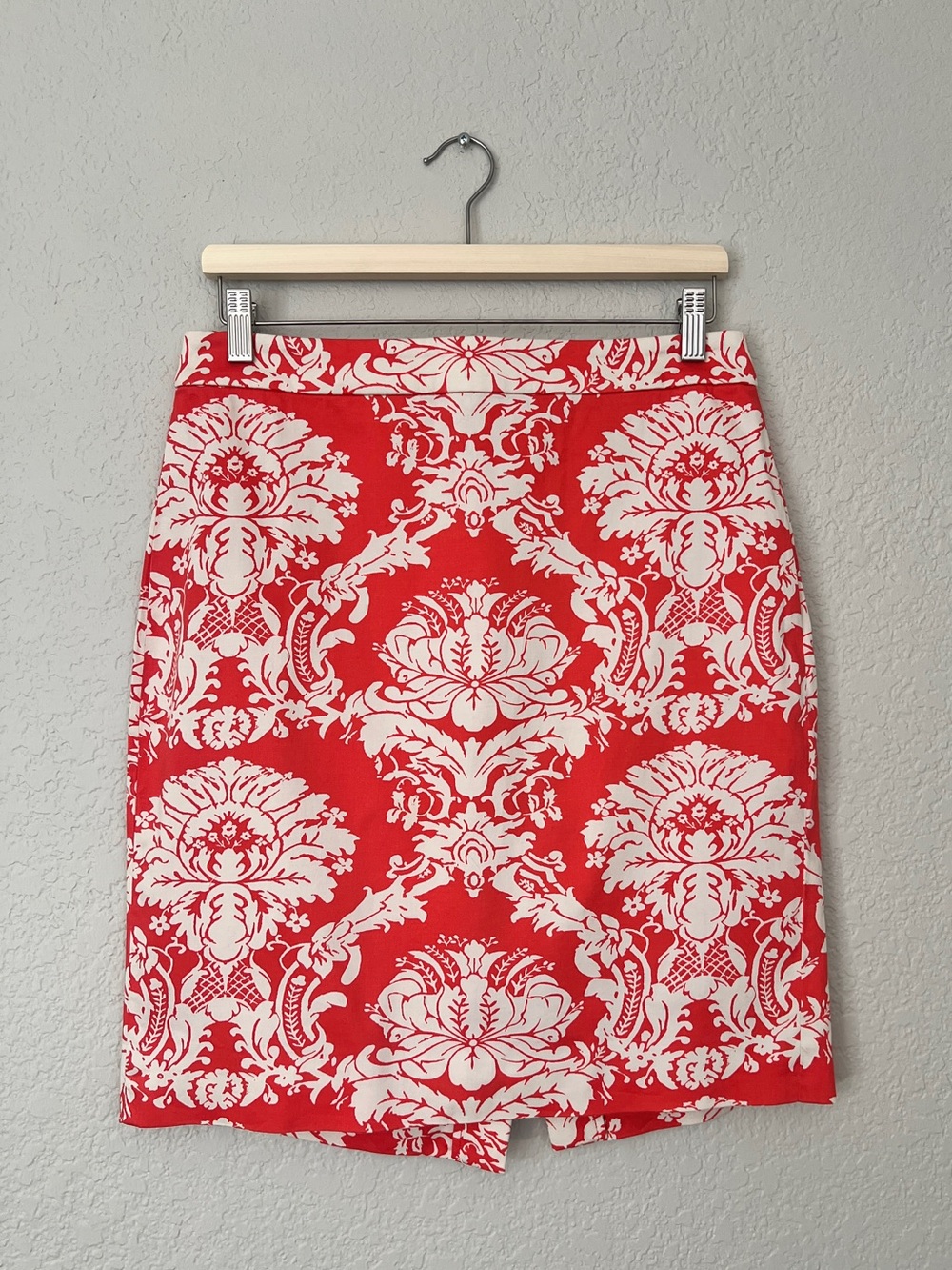 J. Crew Red and White Damask Pencil Skirt